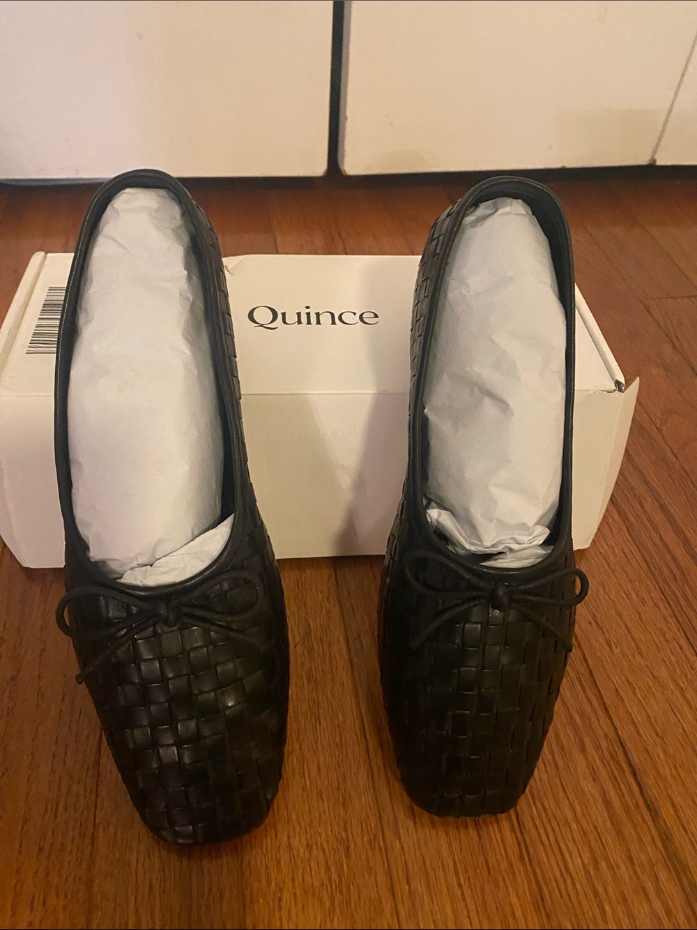 New With Box Quince Black Woven Leather Square-Toe Ballet Flats 9